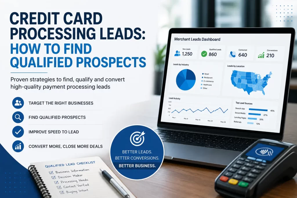 Credit Card Processing Leads: How to Find Qualified Prospects Credit card processing leads dashboard showing qualified prospects, lead sources, and sales activity